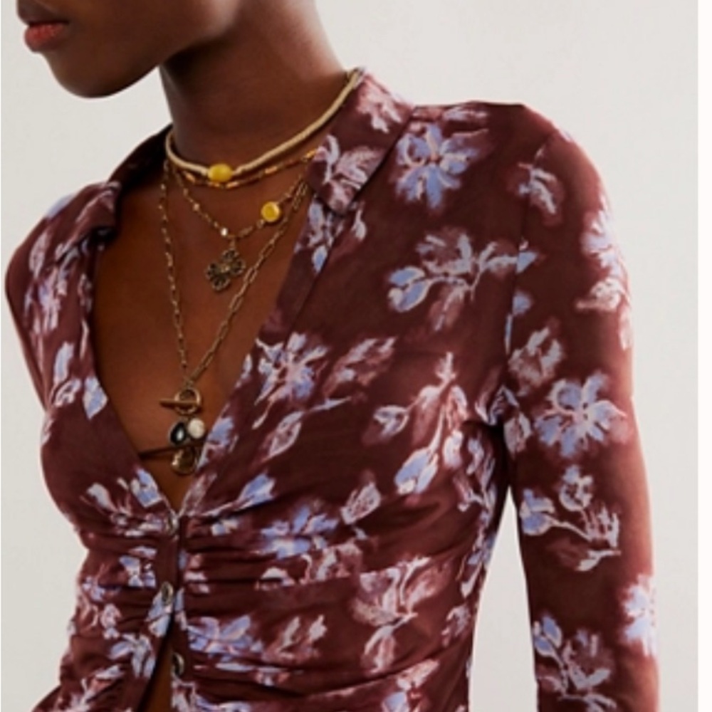 Free People Brown Floral Button-Front Blouse with Blue Flowers
